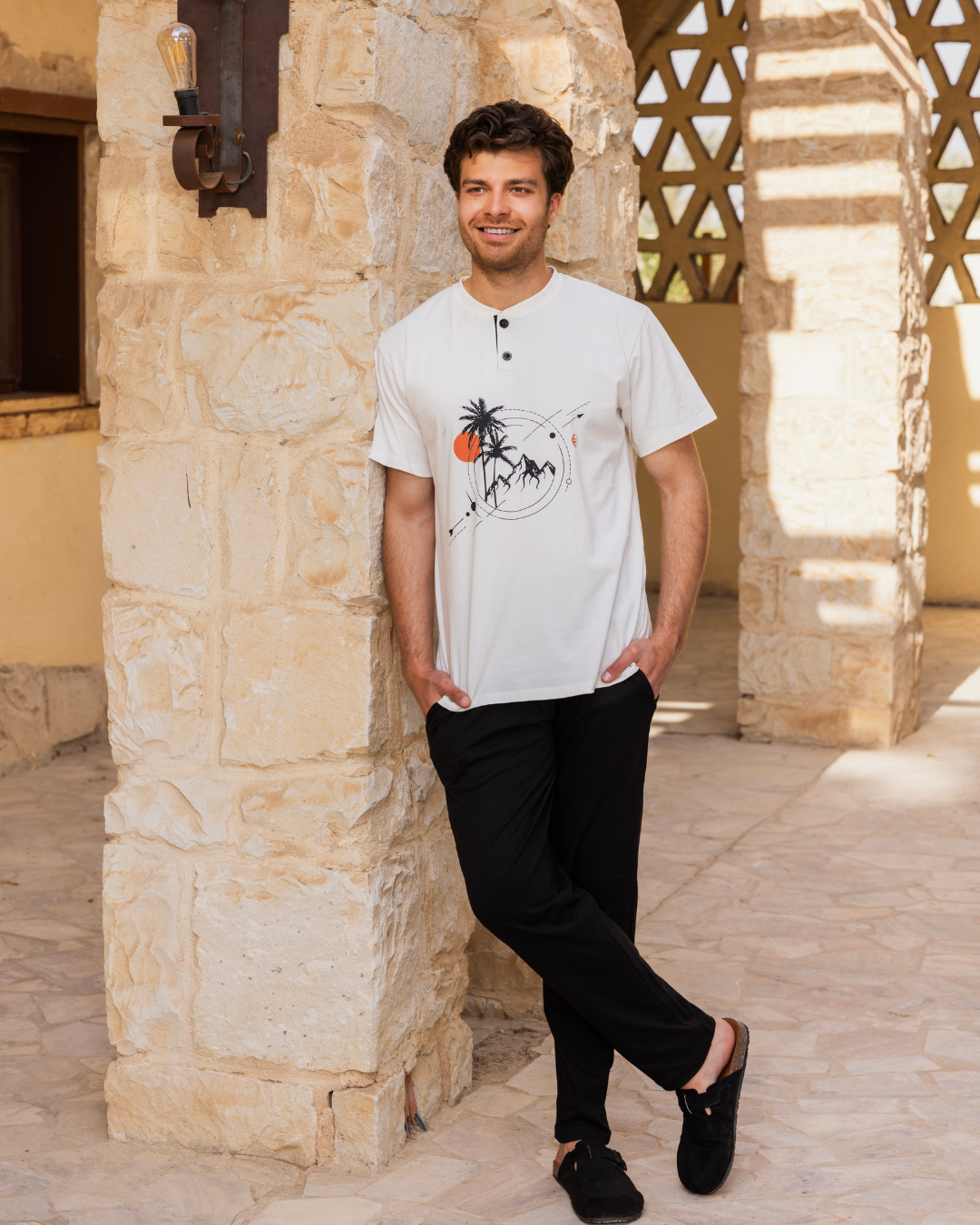 Men's pajamas, half sleeves, and pants, Polo, Mountain and Palm