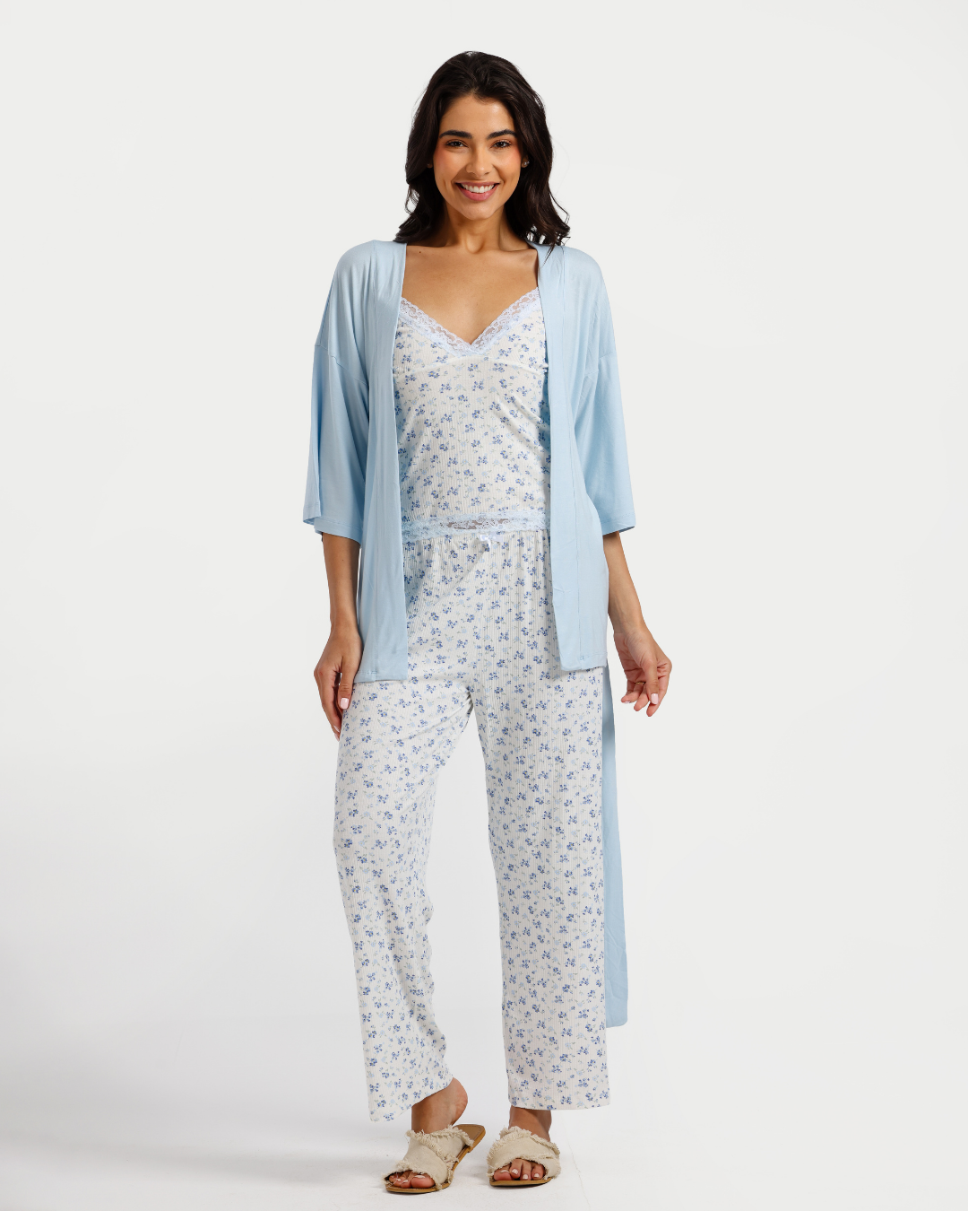 بيجاما بنطلون 3 قطع فسكوز ليكرا, ورود زرقاء