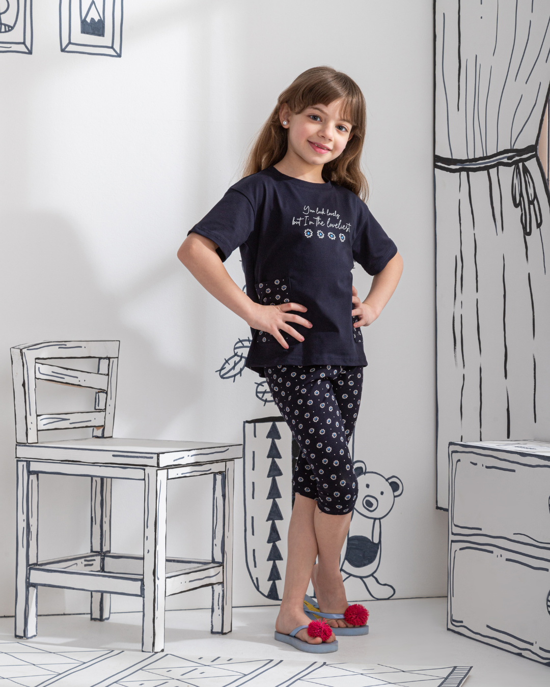 Loveliest flower بيجاما بناتي نص كم و بنتكور قطن