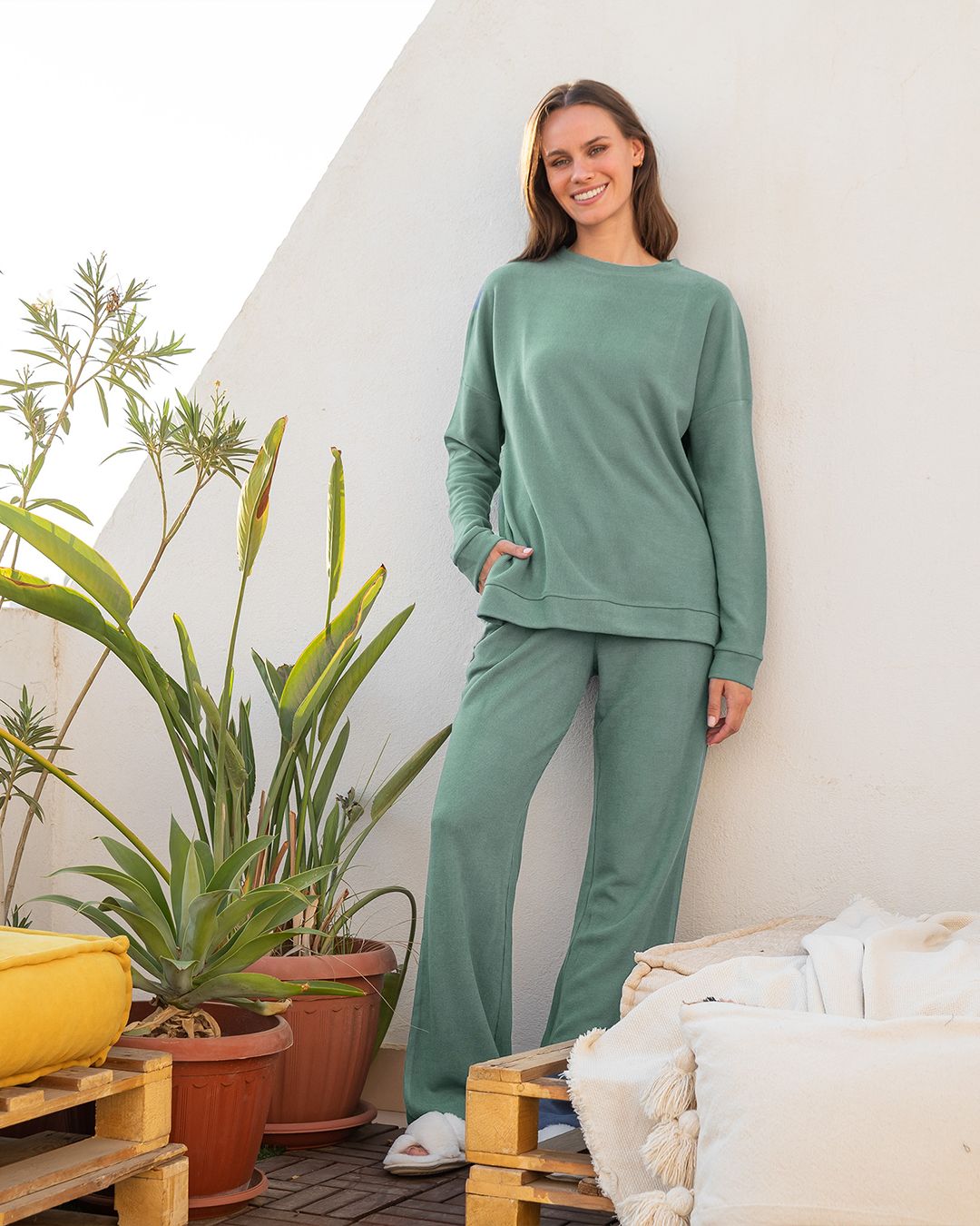 Women's long-sleeved pajamas, plain cashmere