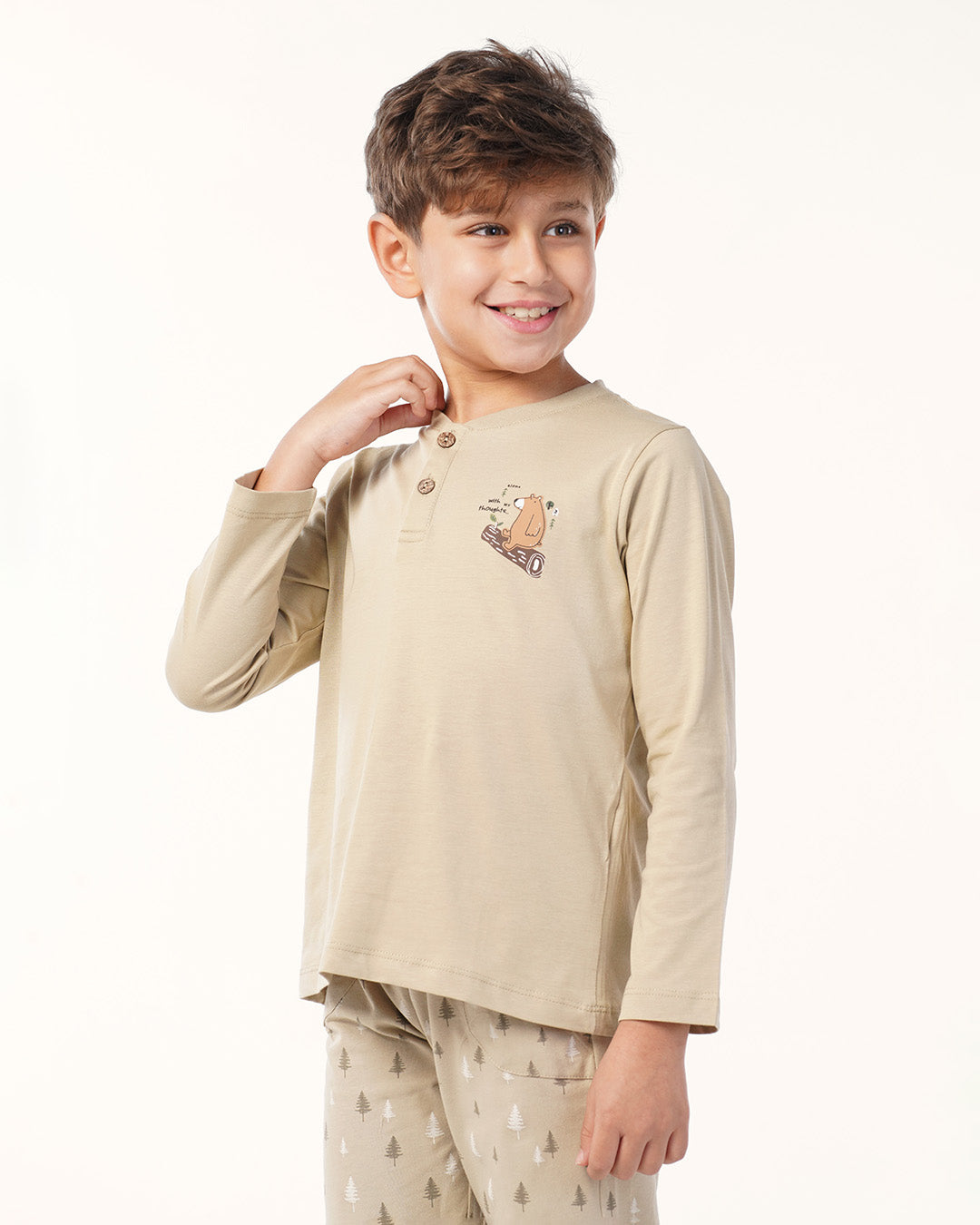 بيجاما بنطلون قطن و توب كُم طويل دب و شجره