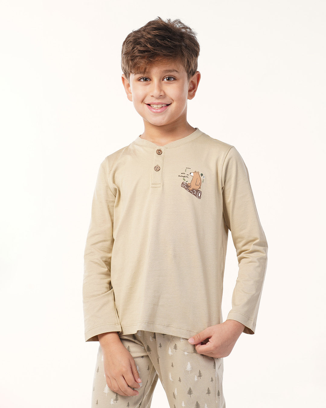 بيجاما بنطلون قطن و توب كُم طويل دب و شجره