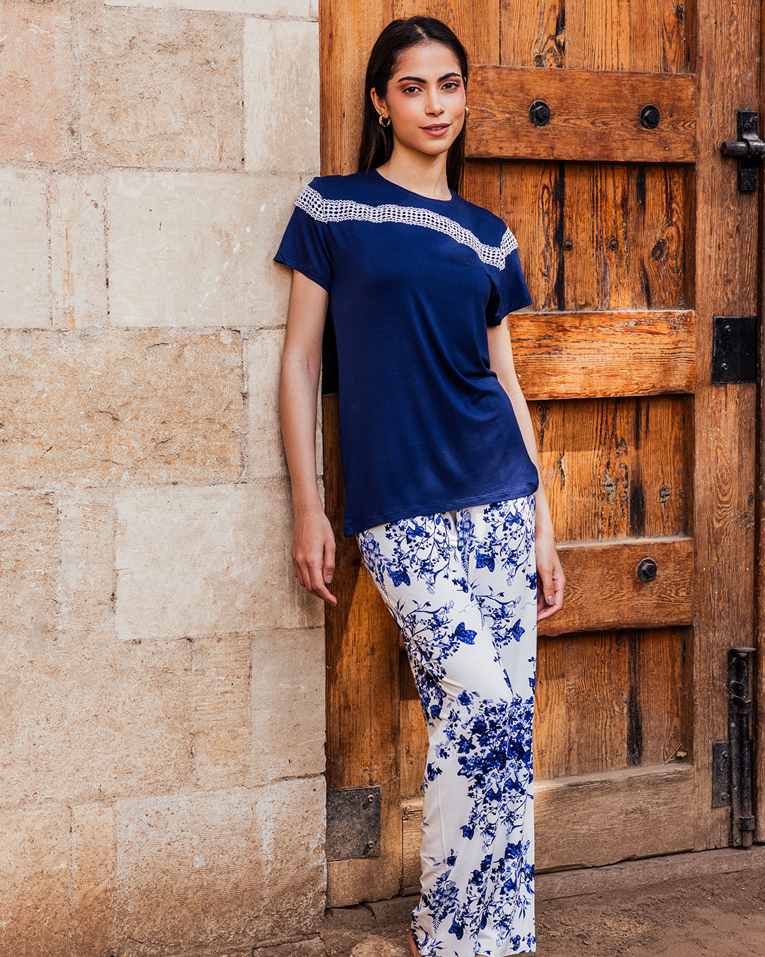 Women's pajamas, half-sleeve top, lace cut on the chest and sleeve, pink floral trousers