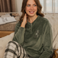 Women's pajama top, plain, long-sleeved, round neck, buttoned, and plaid pants