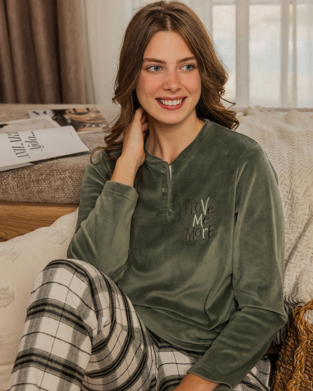 Women's pajama top, plain, long-sleeved, round neck, buttoned, and plaid pants