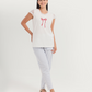 Pajama women's pants and dentures are worn