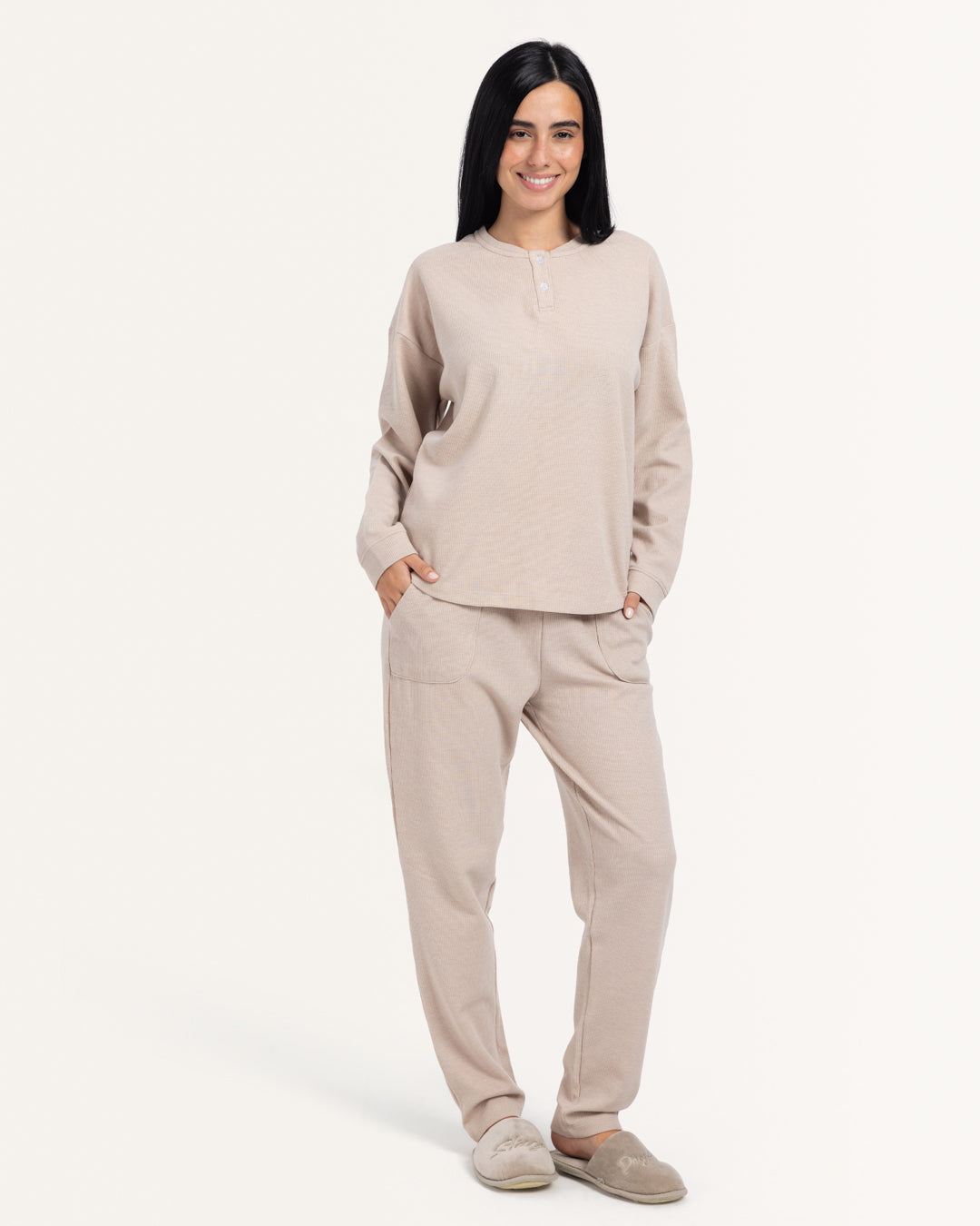 بيجاما بنطلون جاكارد كم طول دفئ الخريف