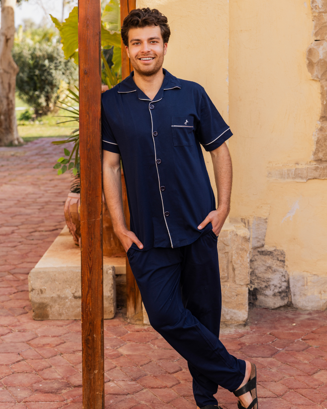 بيجاما رجالي نص كم كلاسيك مفتوحة تطريز حصان