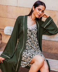 Women's short plain robe, olive green floral shirt