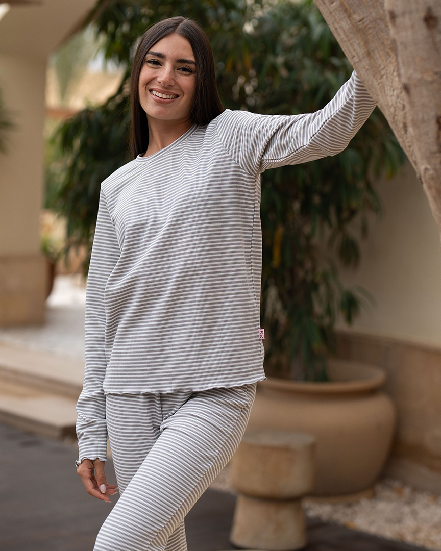 Striped waffel Women's pajama stripe waffle long sleeve