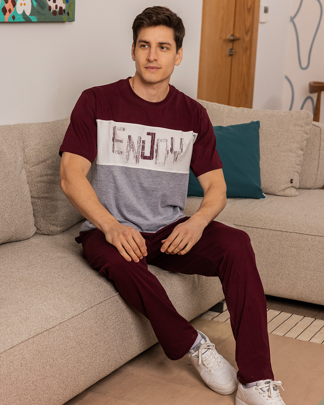 Encooy men's pajama trousers, half sleeves, rounded and cut