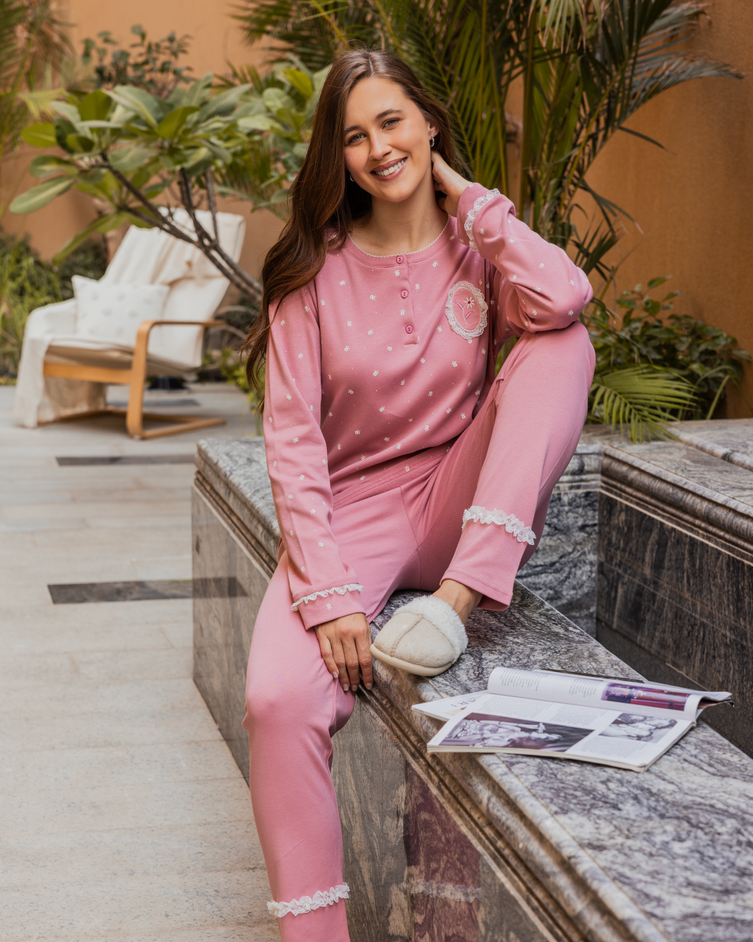 Women's pajamas, long sleeves, long pants, rose print