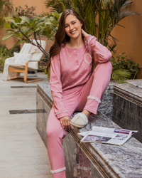 Women's pajamas, long sleeves, long pants, rose print