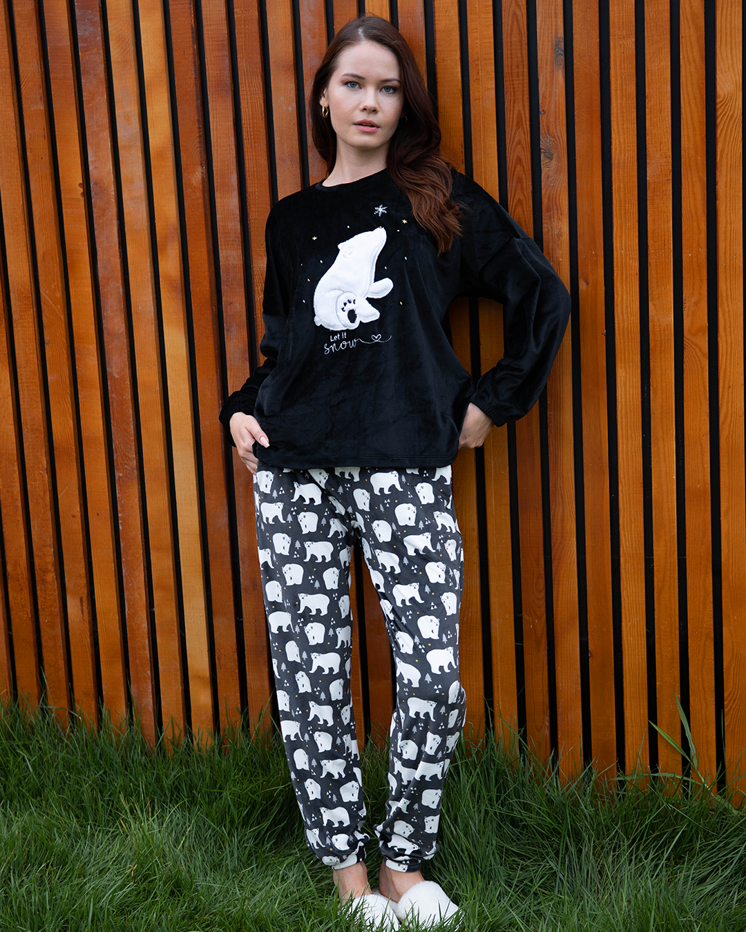Let it Snow   بيجاما حريمي بكم قطيفة بوليستر