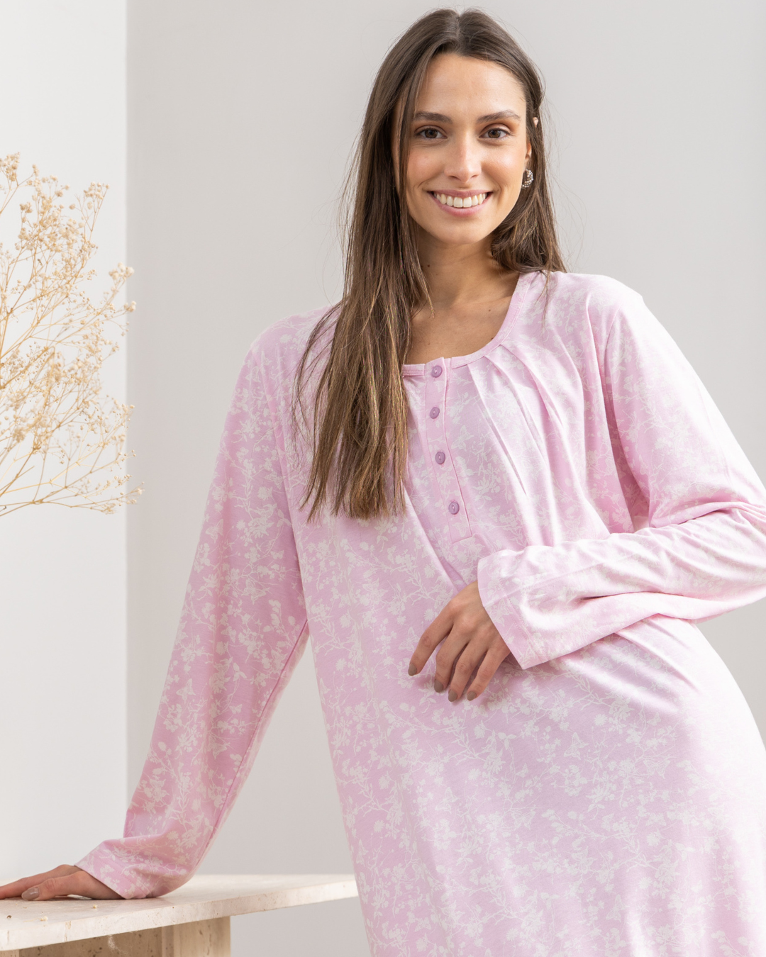 قميص نوم حريمي طويل بكم راوند بزراير طباعه فراشات