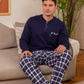 Men's pajamas, plain long-sleeved T-shirt with round neck, button-down collar, chest pocket and checkered pants
