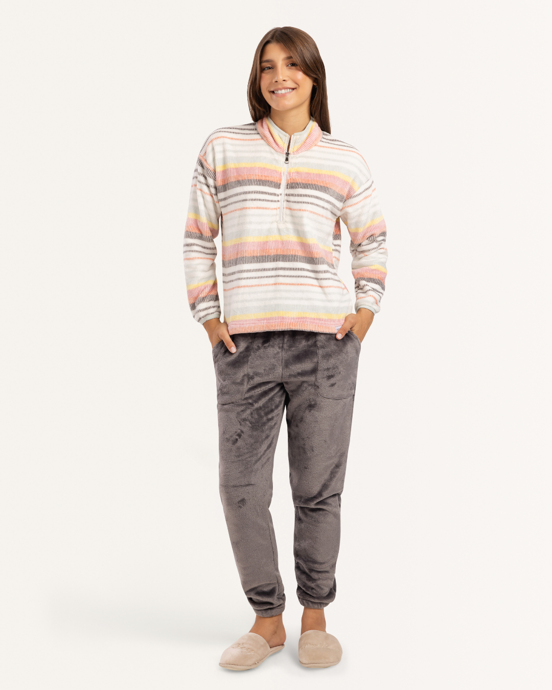 بيجاما بكم طويل خطوط و بنطلون بولار