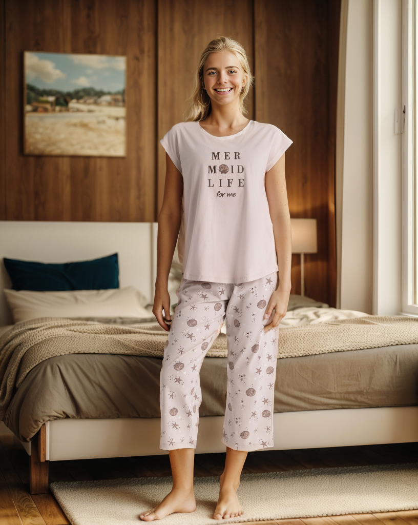 MER MOID LIFE for me Women's pajamas with a quarter-sleeve T-shirt and star-printed pantyhose