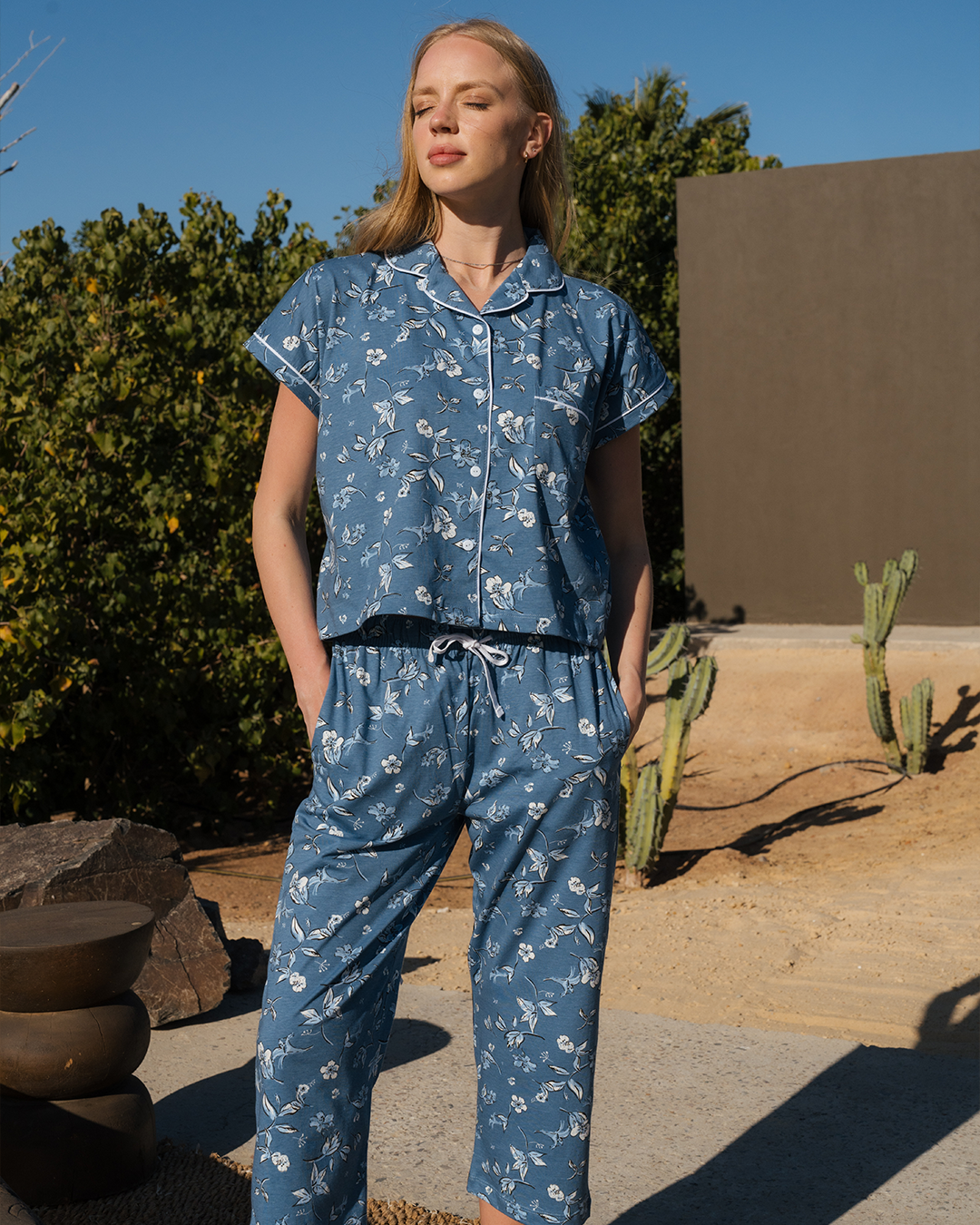 Floral set بيجاما حريمي بزراير اوفر سايز قطن مطبوع