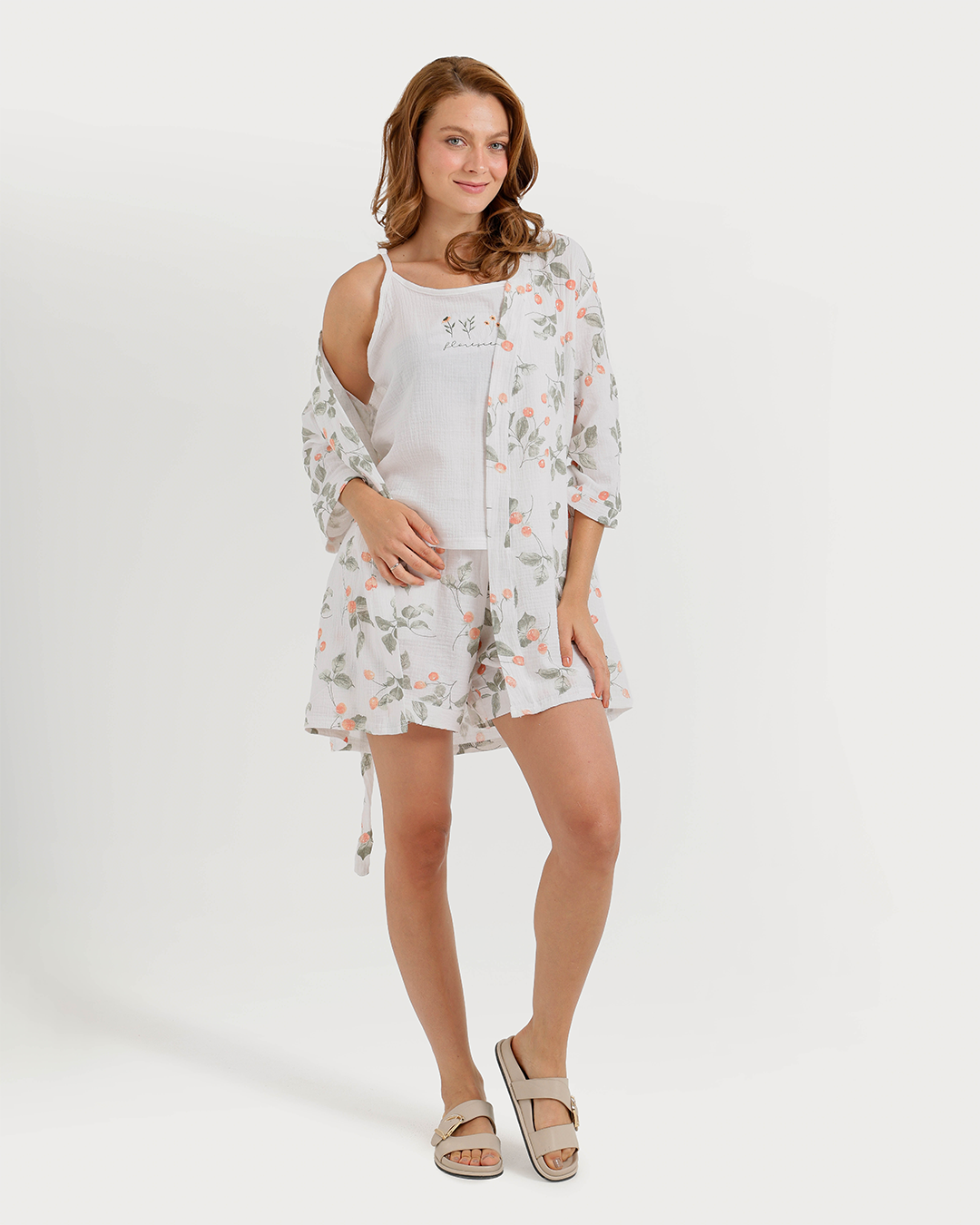 Women's 3-piece camisole, shorts, and printed robe pajamas
