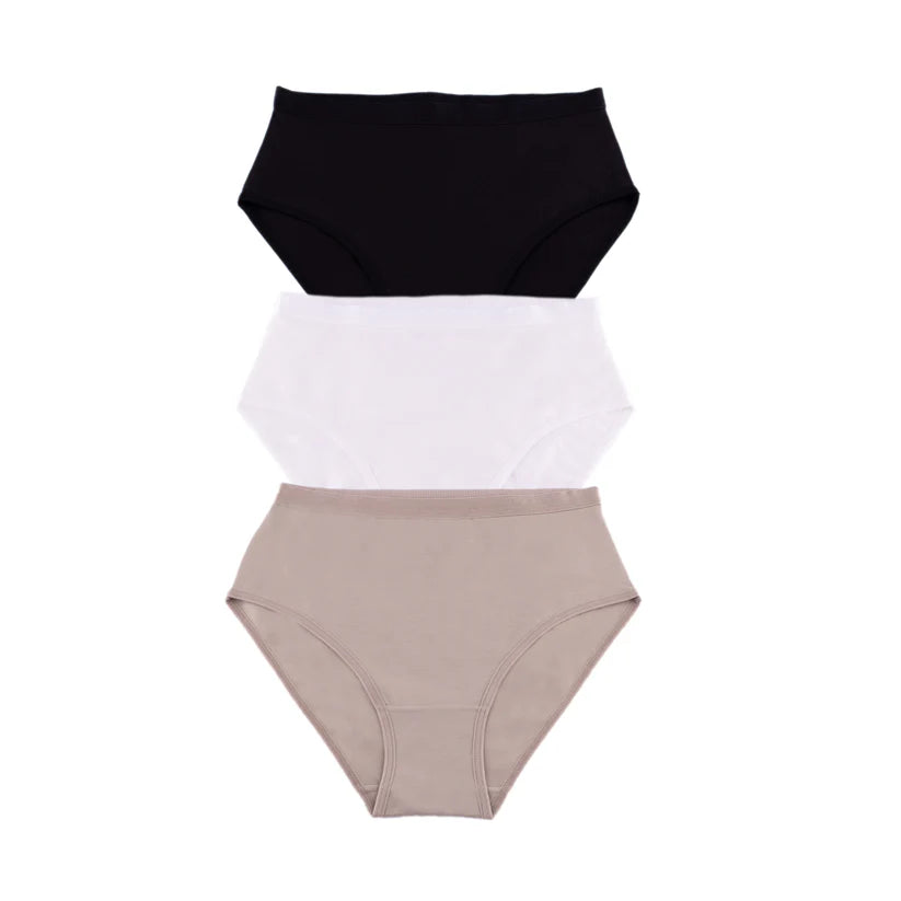 Three pairs of بريف محرود سادة3*1حريمى by Milk are stacked vertically in black, white, and beige on a plain white background.