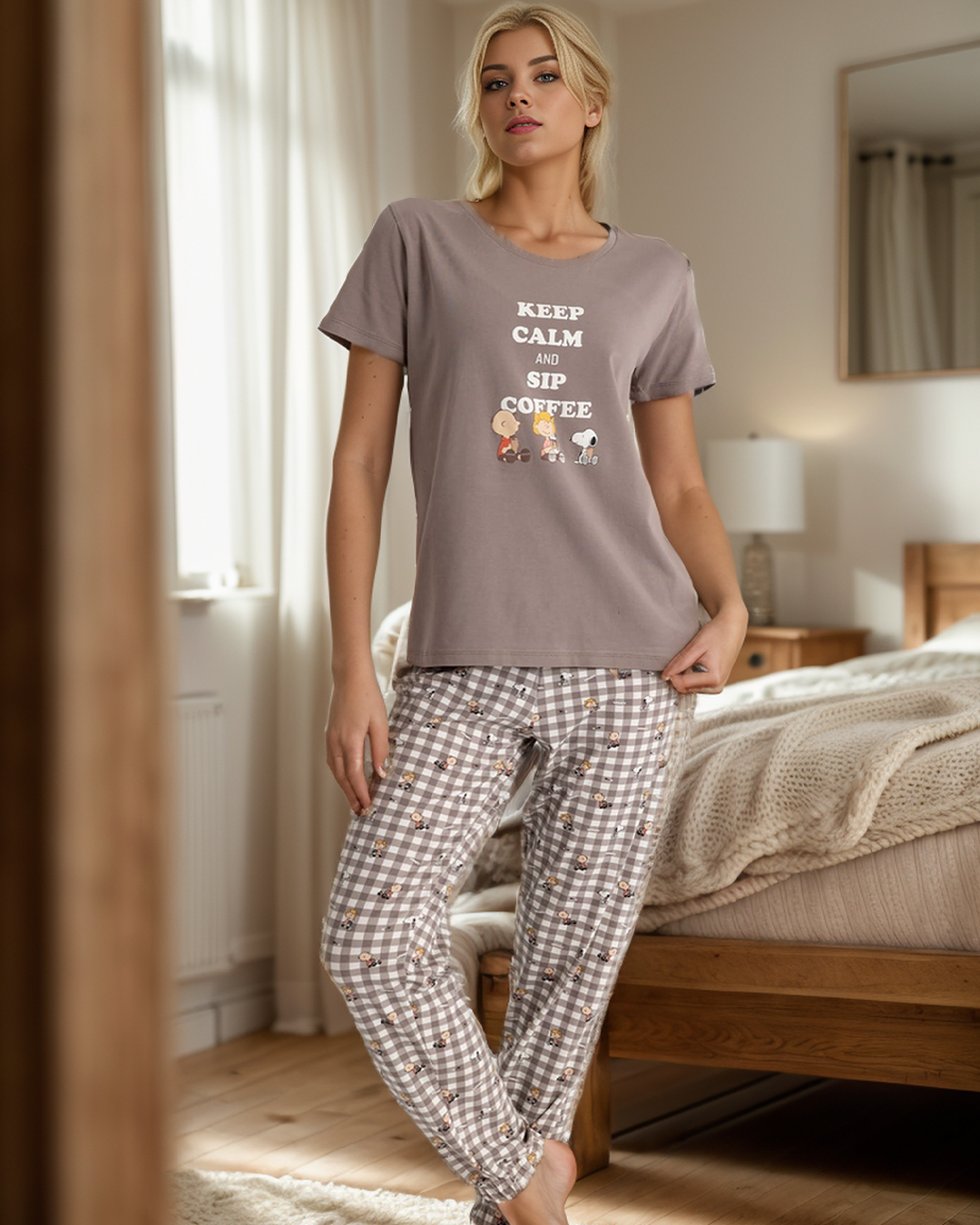 KEEP CALM AND SIP COFFEE Women's pajamas with half-sleeved T-shirt and checkered printed pants