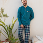 Men's pajamas with a button-up neck and checkered pants