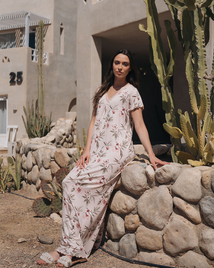 Half sleeve floral long V shirt for women
