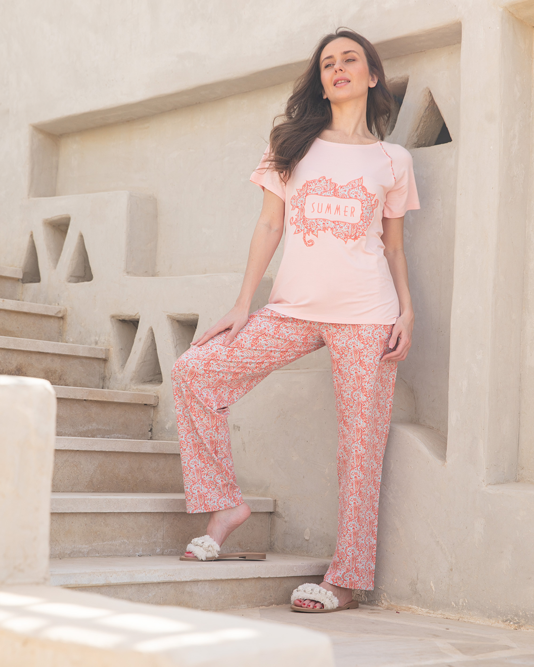 Women's pajamas, half sleeves, wooded