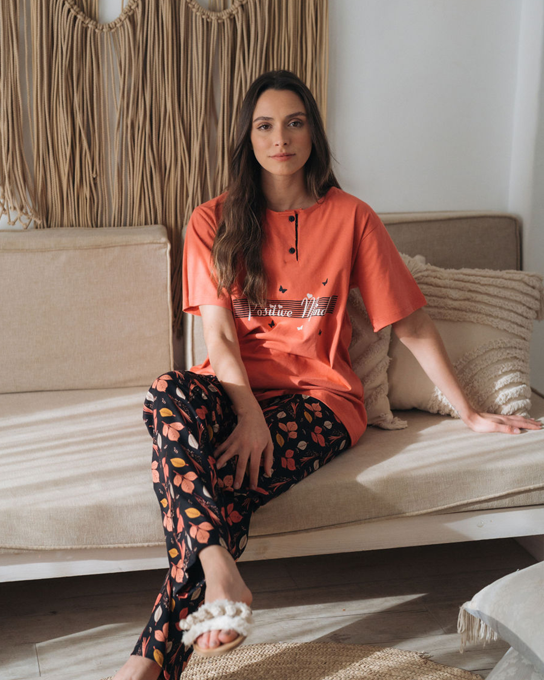 Women's pajama half sleeve polo with leaf