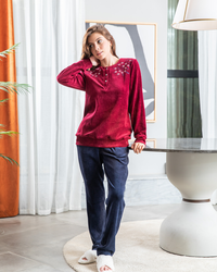 Women's pajamas, velor, round neck, embroidered on the shoulders
