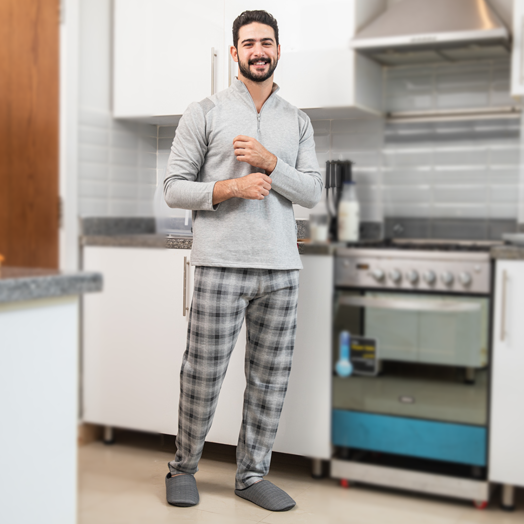 Men's pajamas, zippered trousers, checkered