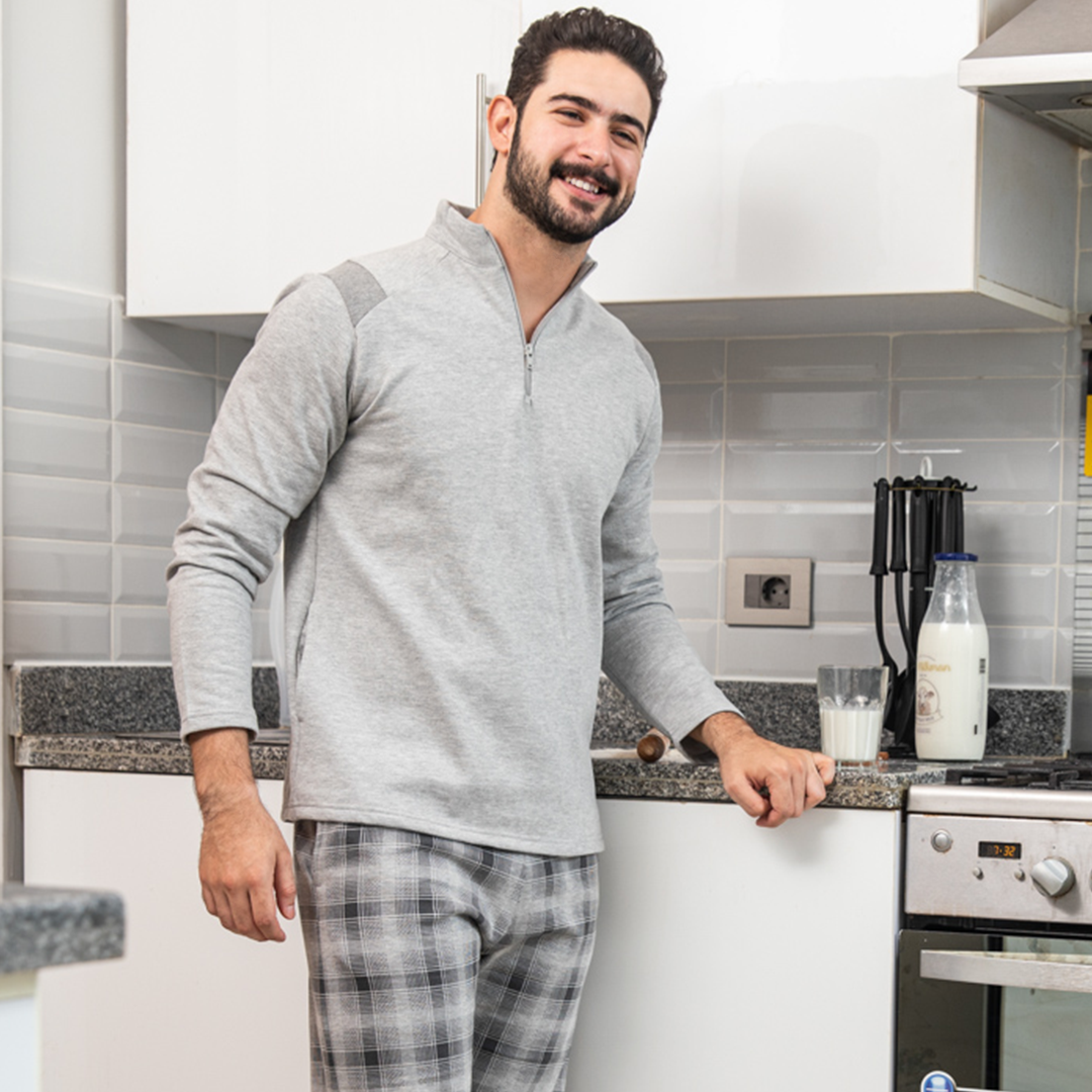 Men's pajamas, zippered trousers, checkered