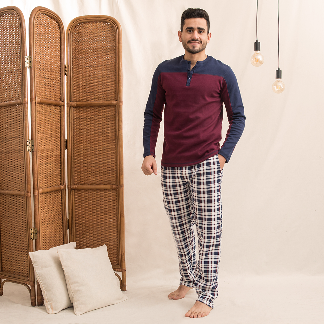 Burgundy pajamas with checkered pants