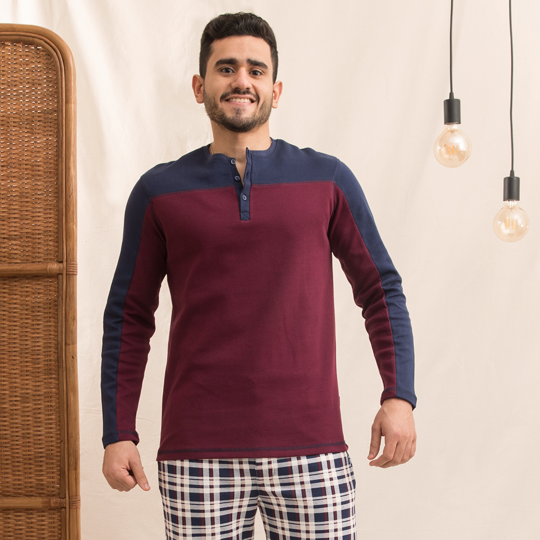 Burgundy pajamas with checkered pants