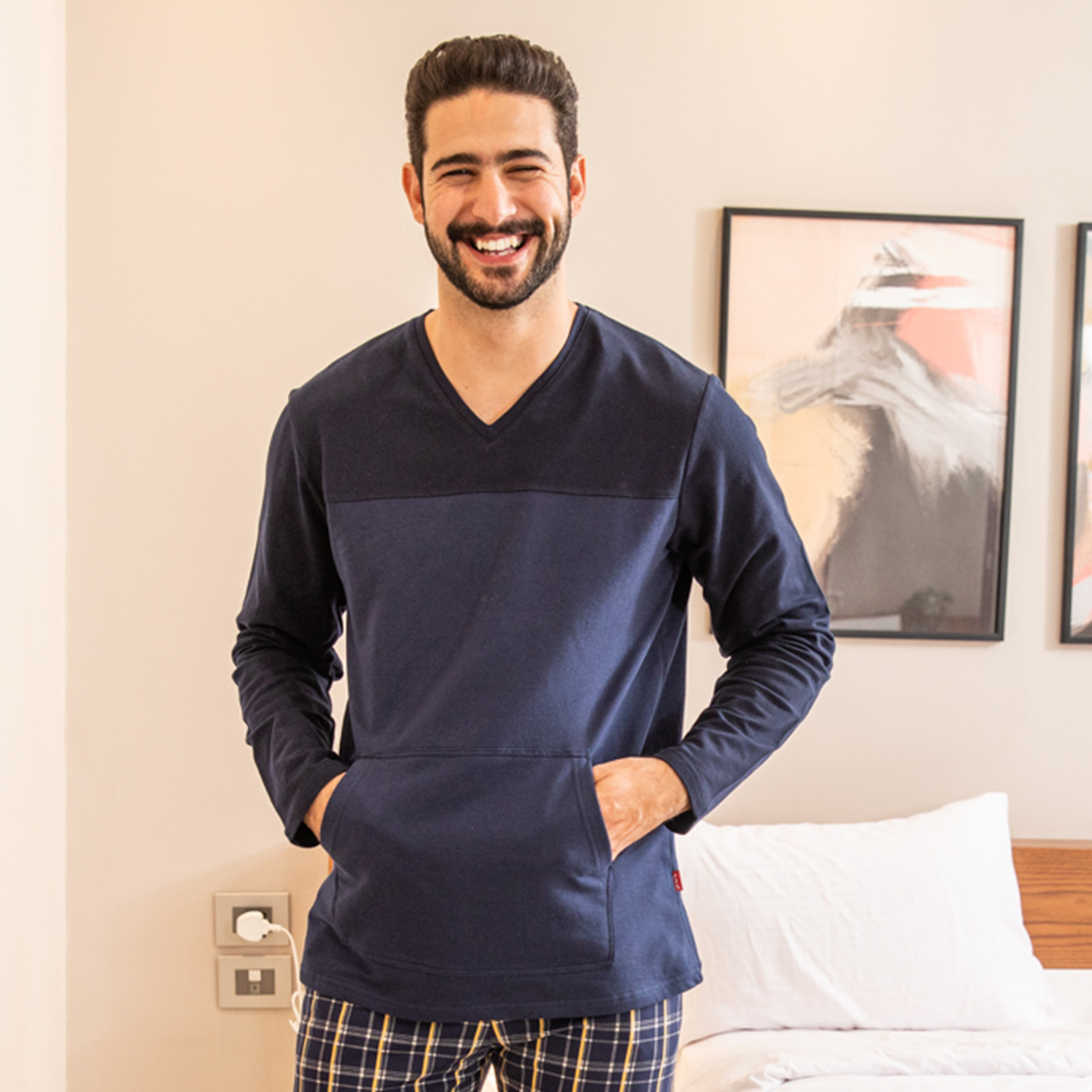Navy blue V-neck pajama pants