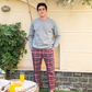 Plain men's pajamas with check pants 