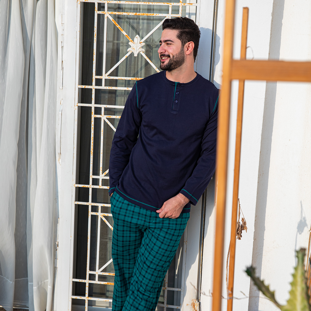 Men's navy blue pajamas with a check print