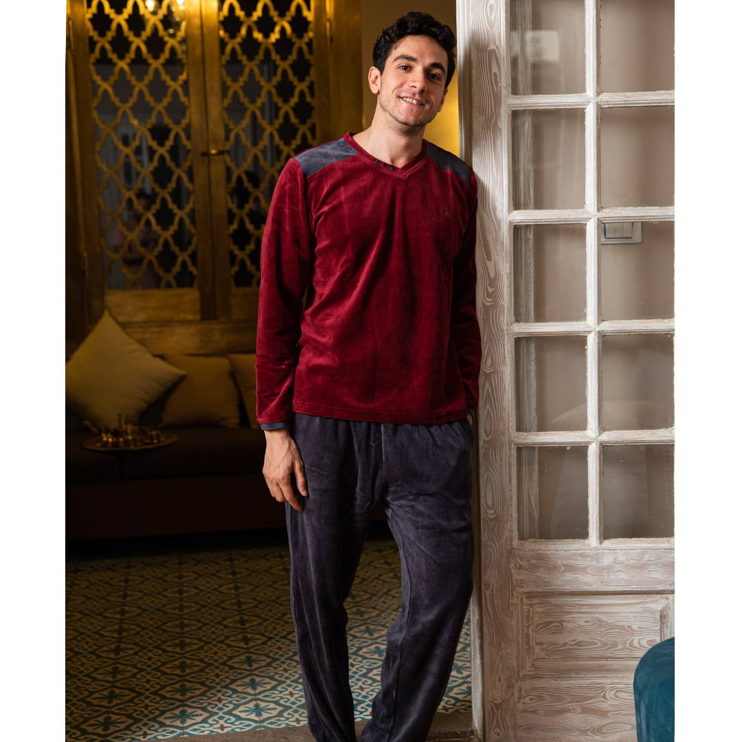V pajamas for men, velvet, plain