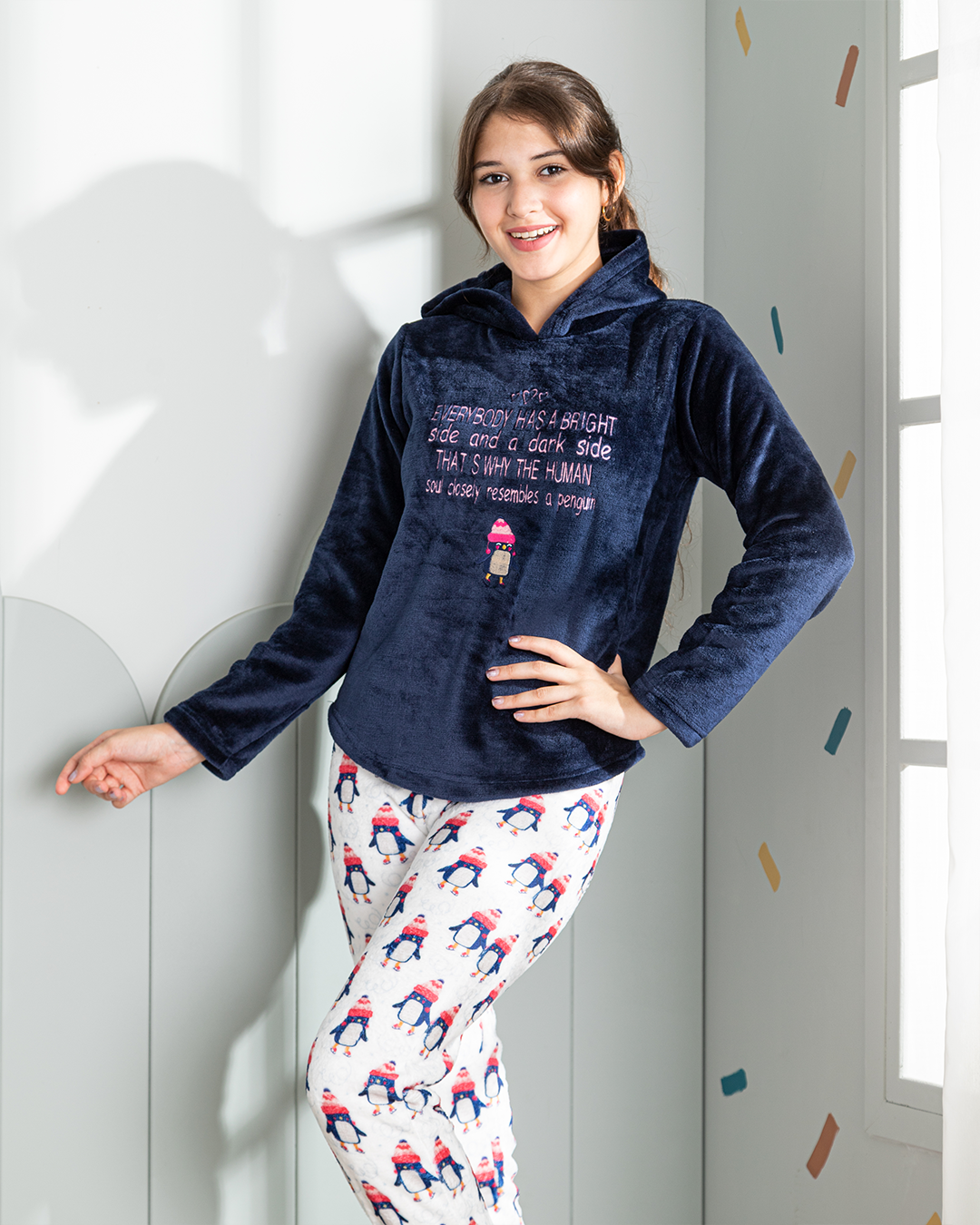  girls' pajamas are plush with a penguin