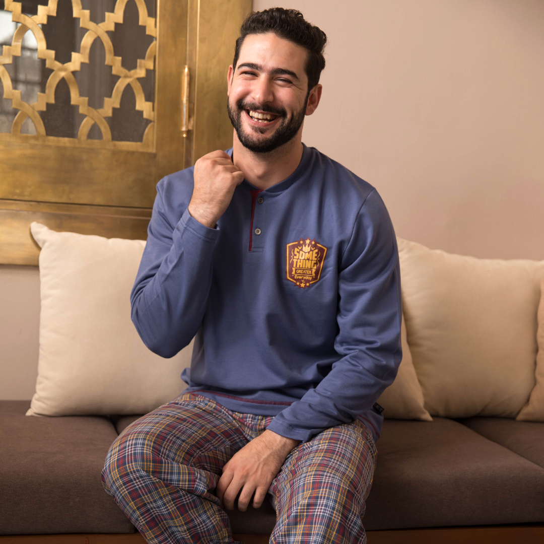 SOME THING بيجاما رجالي بزراير بنطلون نسيج