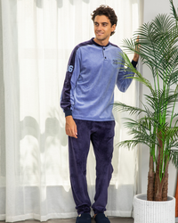 Men's pajamas, polo, velvet, a cut in the sleeve, embroidered