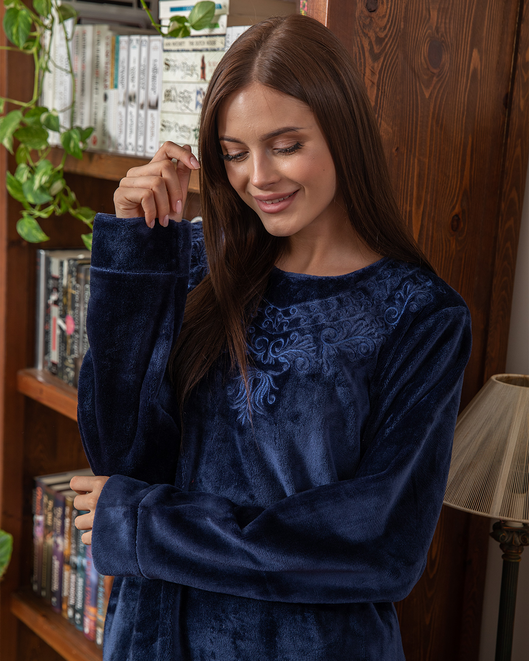 Women's nightgown, Polar, embroidered with flowers, with a zipper in the back