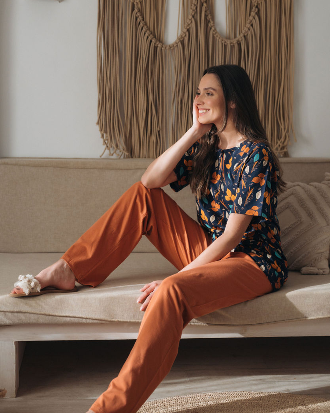 Women's pajamas, half sleeves, polo pants, leaves