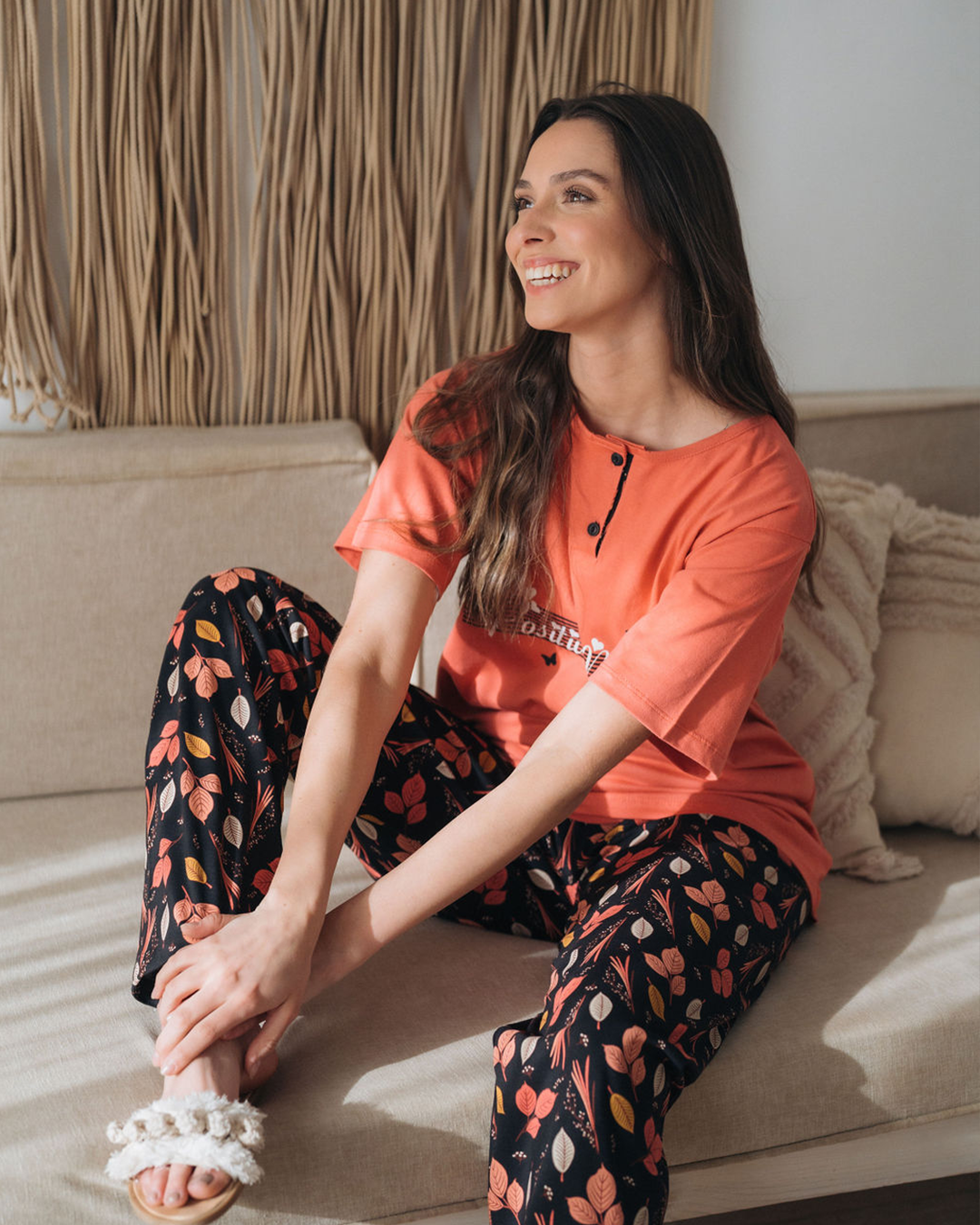 Women's pajama half sleeve polo with leaf