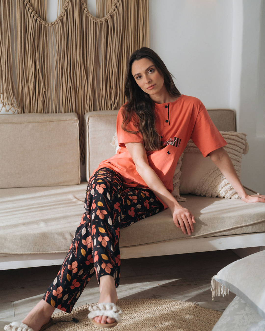 Women's pajama half sleeve polo with leaf