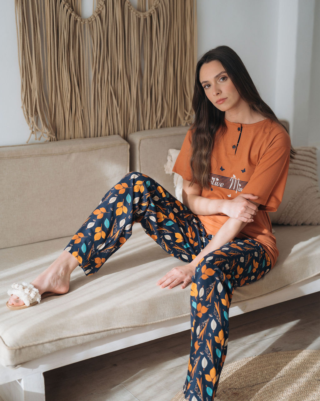 Women's pajama half sleeve polo with leaf