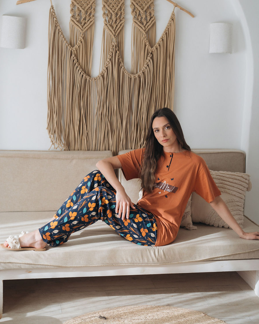 Women's pajama half sleeve polo with leaf