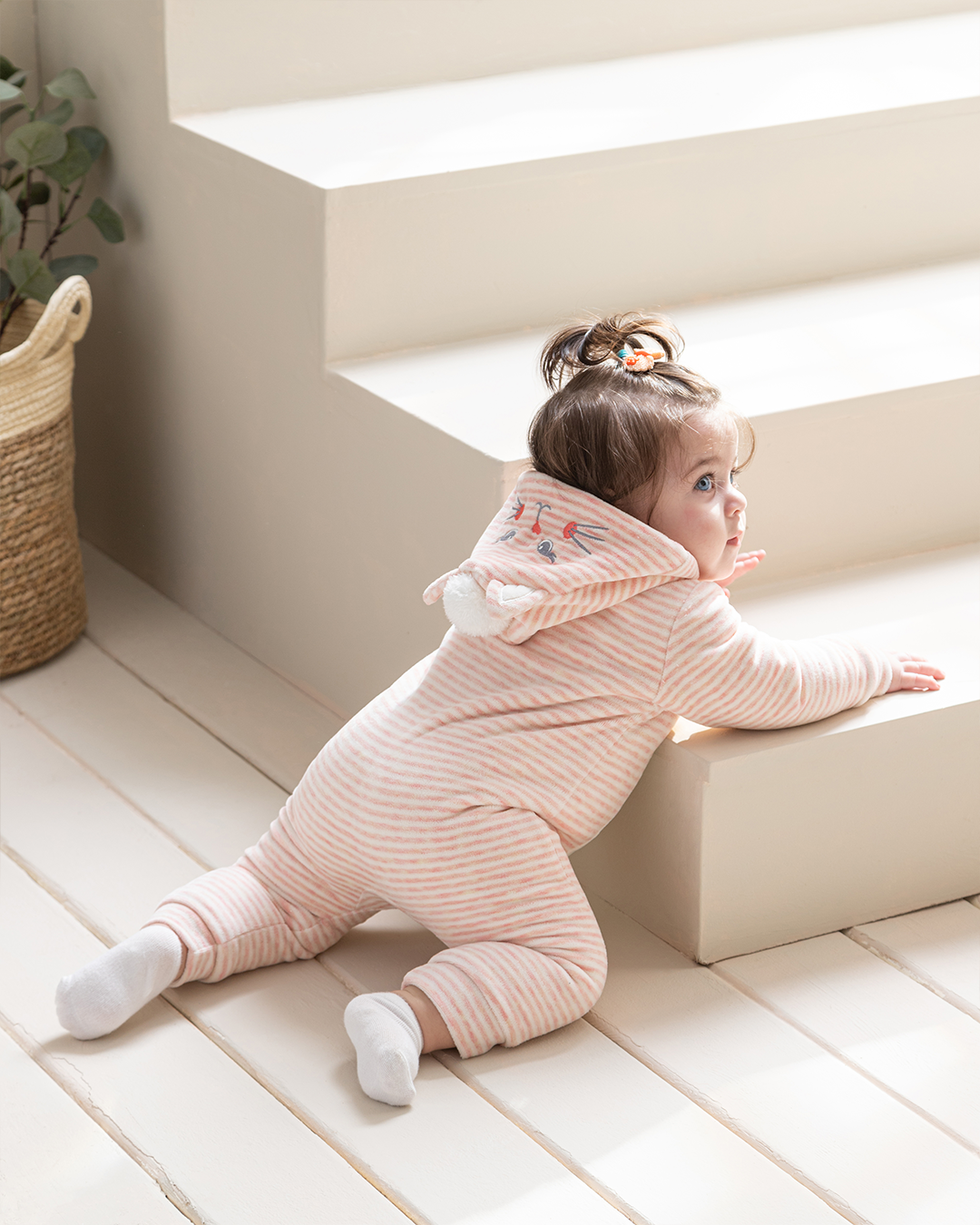 Girls' bodysuit, a plush cat stripe, with a capicho, lined