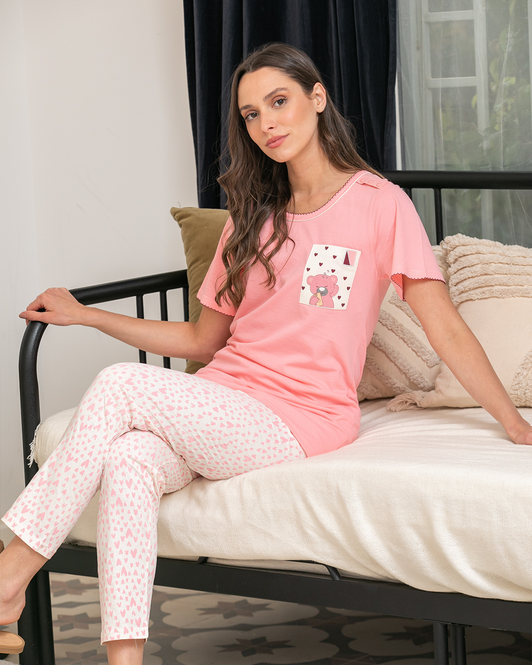 Women's pajamas with hearts on the chest pocket